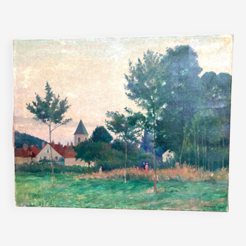 Tableau ancien : promenade près du village - Post impressionisme
