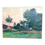 Tableau ancien : promenade près du village - Post impressionisme
