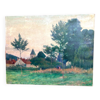 Old painting: walk near the village - Post impressionism