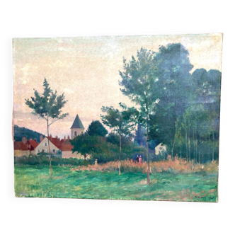 Tableau ancien : promenade près du village - Post impressionisme