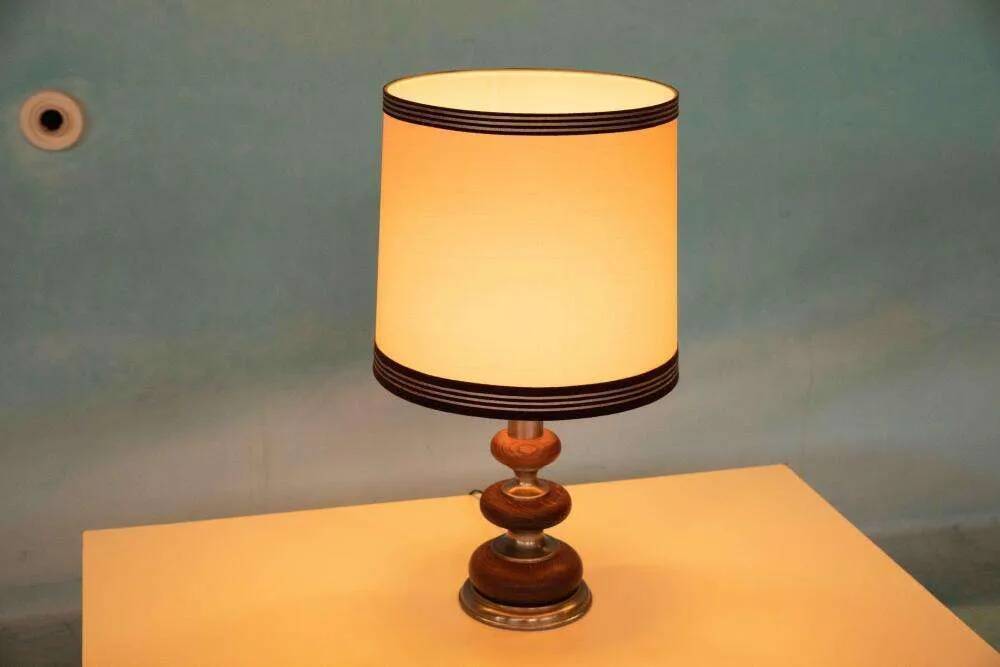 1960s bohemian table lamp, space age wooden bedside lamp
