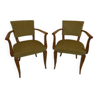 Pair of 1940s bridge armchairs in solid wood covered in original mustard yellow velvet