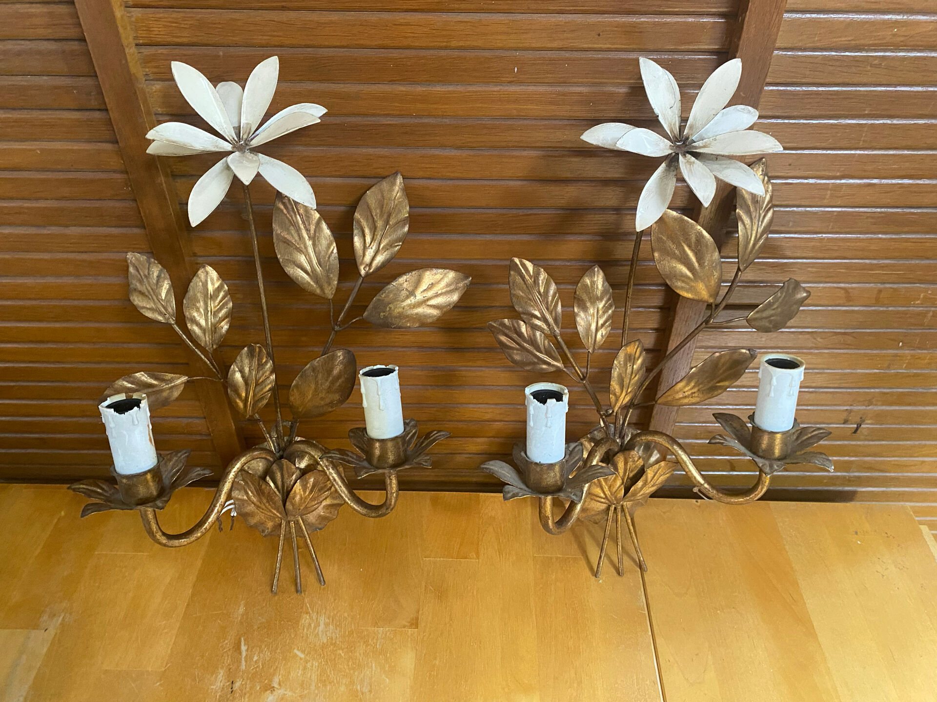 Vintage Lustre + 2 MASCA Wall Lights Hollywood Regency Gold Metal 70s It