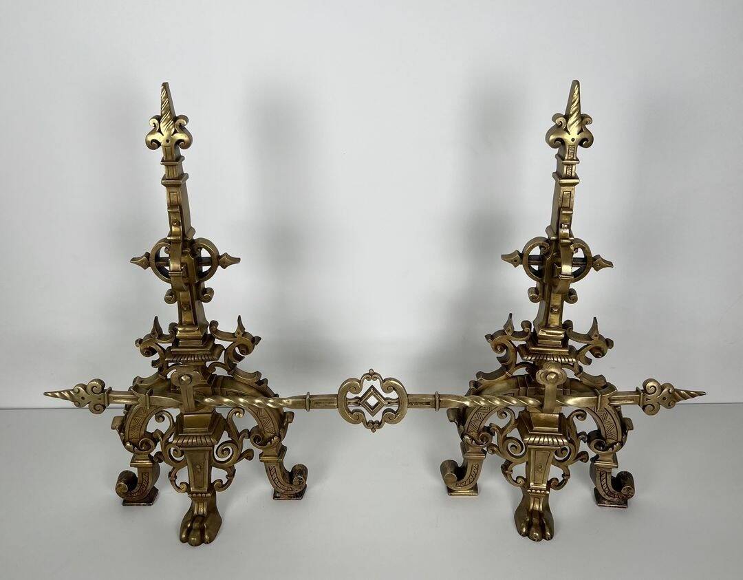 Important Renaissance Style Bronze Fireplace Set with Bar