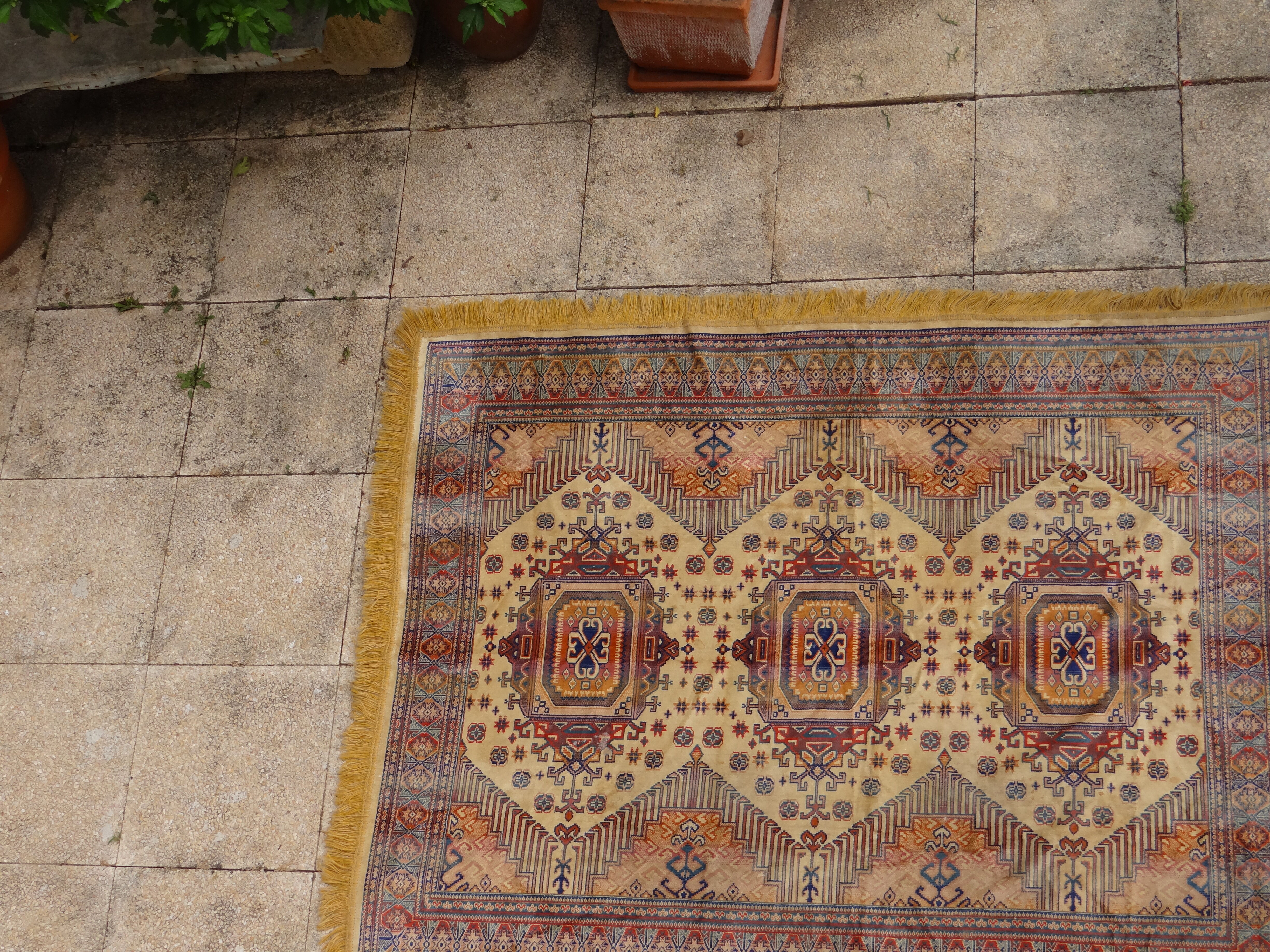 Kazak rug 180x150 cm vintage handmade oriental patterns ochre and burgundy