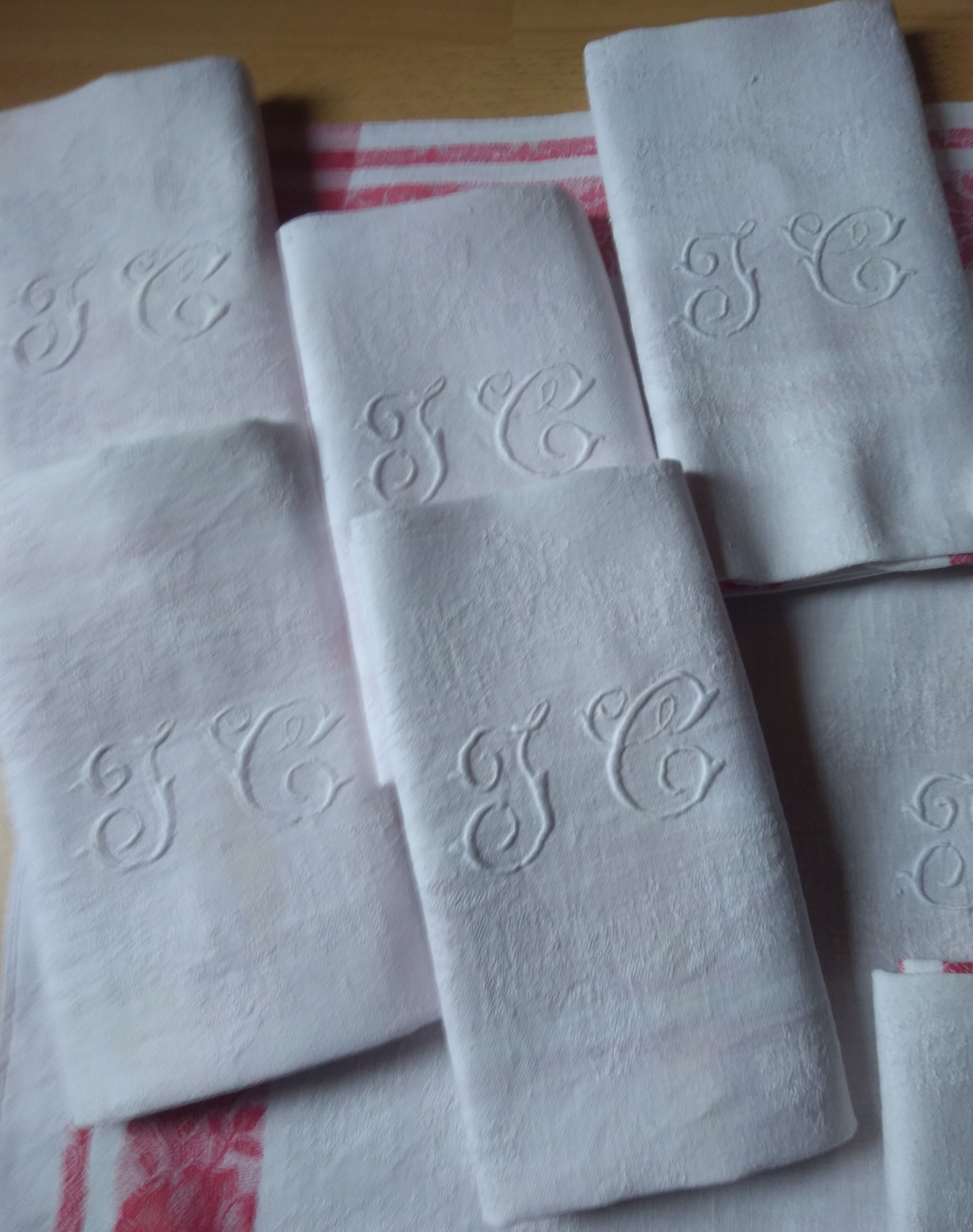 12 Ancient towel embroidered monogrammed JC floral red litter Napoleon III