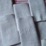 12 Ancient towel embroidered monogrammed JC floral red litter Napoleon III