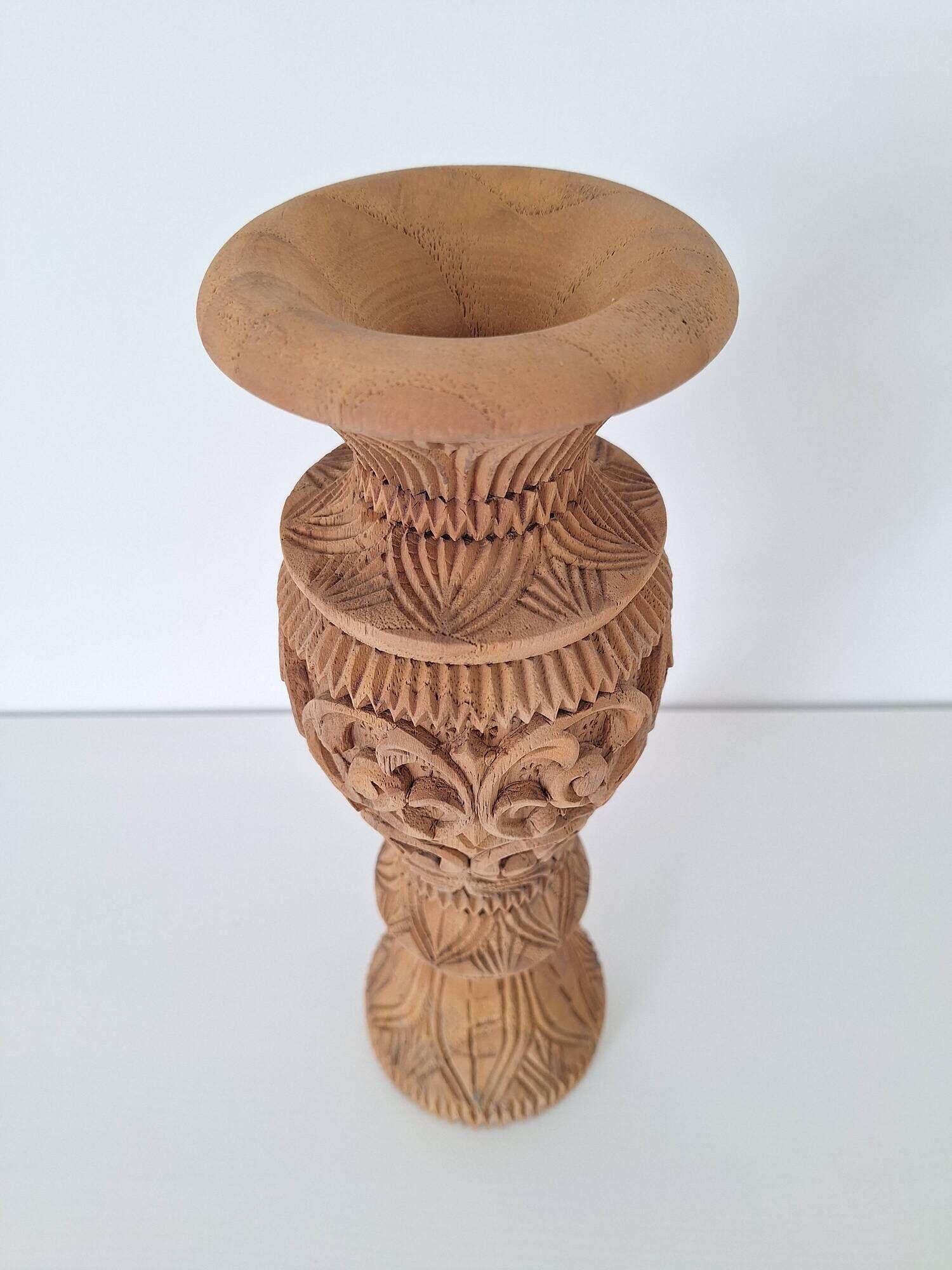 Carved solid wood vase