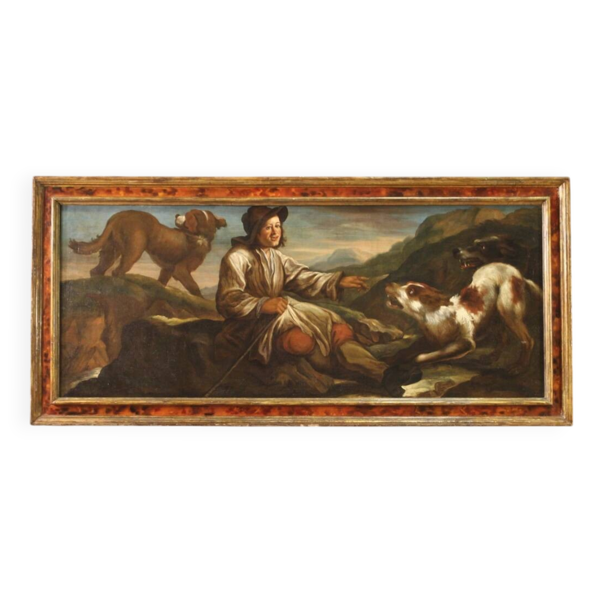 Tableau lombard antique du XVIIe siècle, le berger avec ses chiens