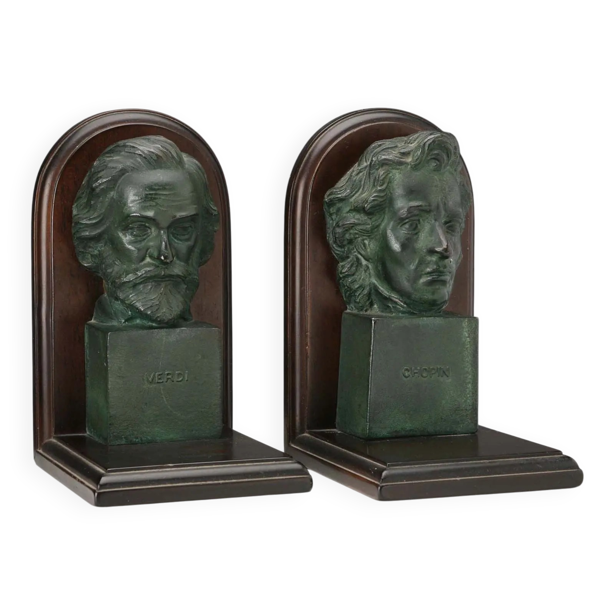 Vintage pair of bronze and wood bookends Verdi Chopin design 1960s-1970s