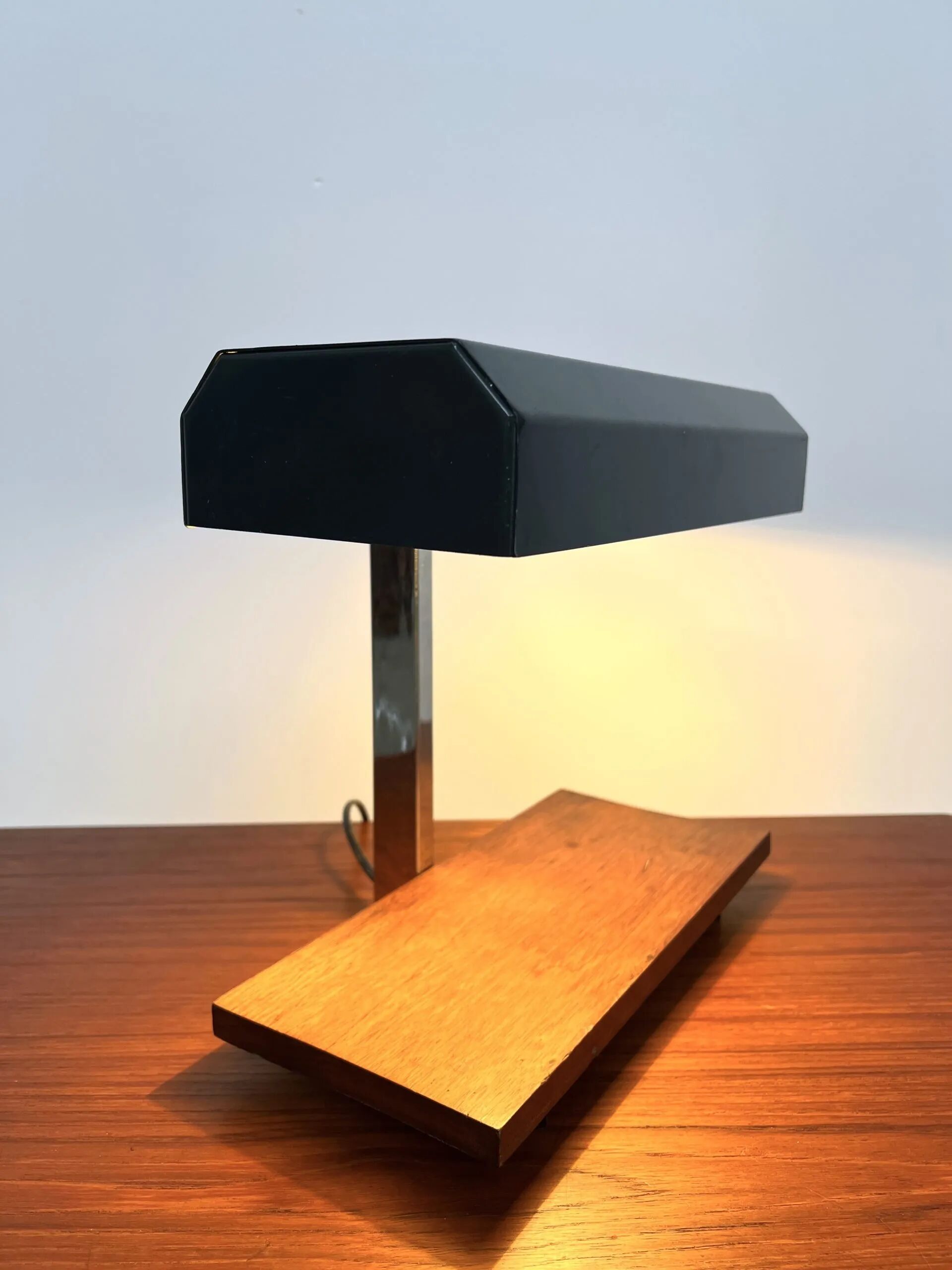 1950s desk lamp with teak base and grey lacquered metal