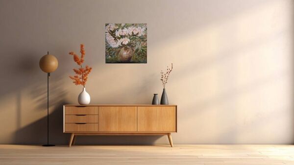 Tableau bouquet fleurs pivoines original signé avec son certificat