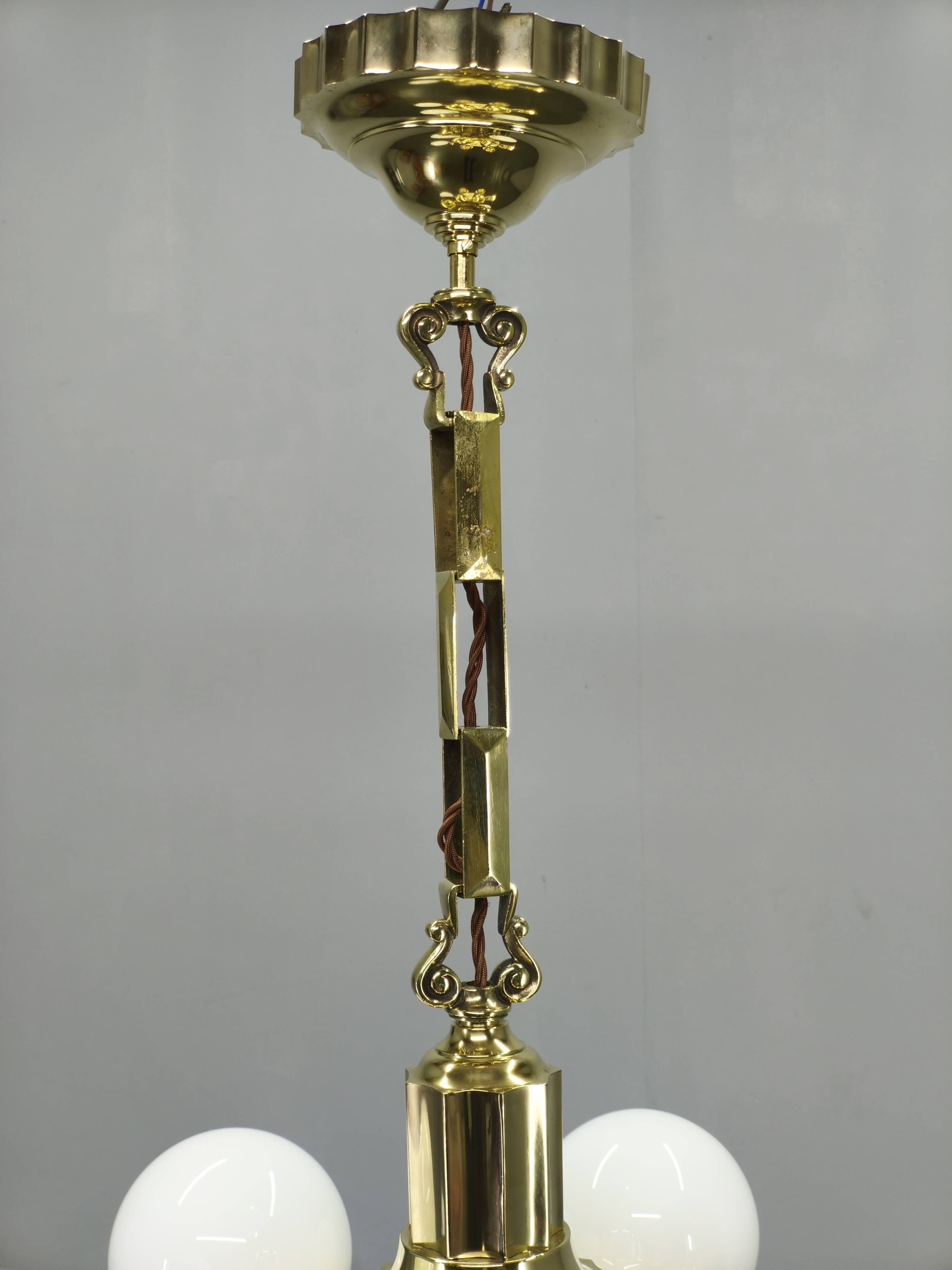 Lustre en laiton Art Déco tchèque avec positions de bras doubles, années 1930