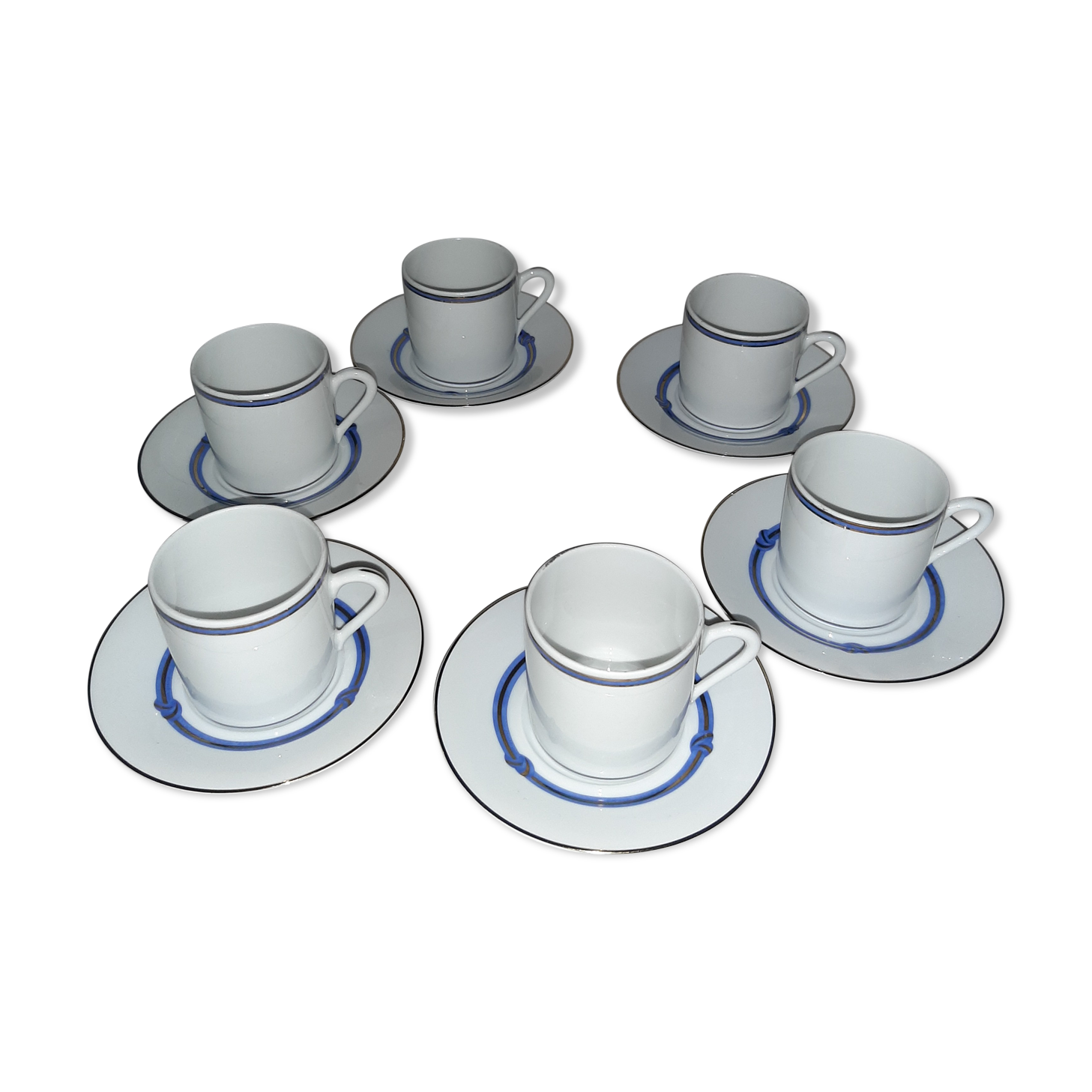 6 Christofle bandeea blue porcelain coffee cups