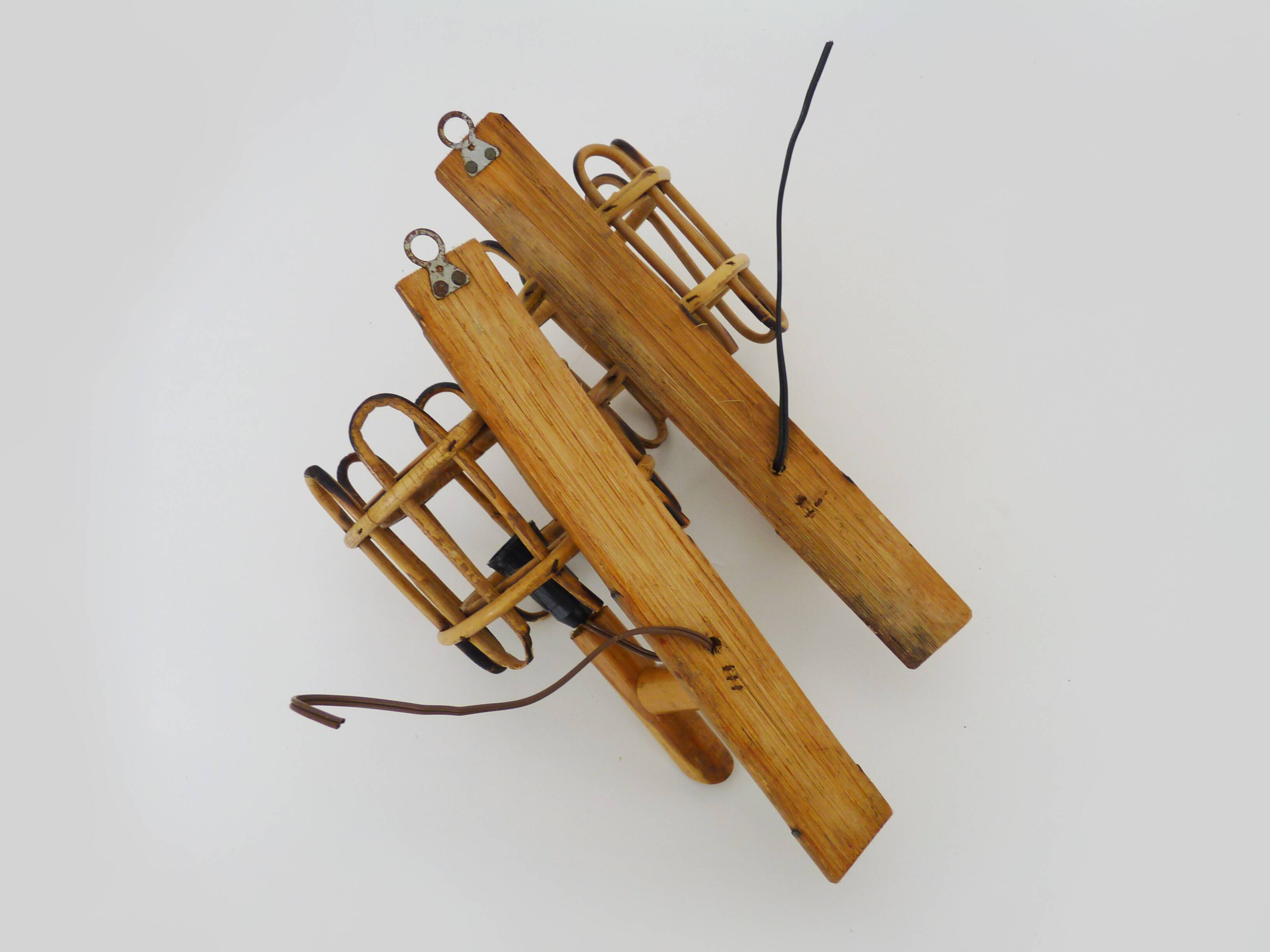 Pair of bamboo rattan lantern wall lights. 50s 60s