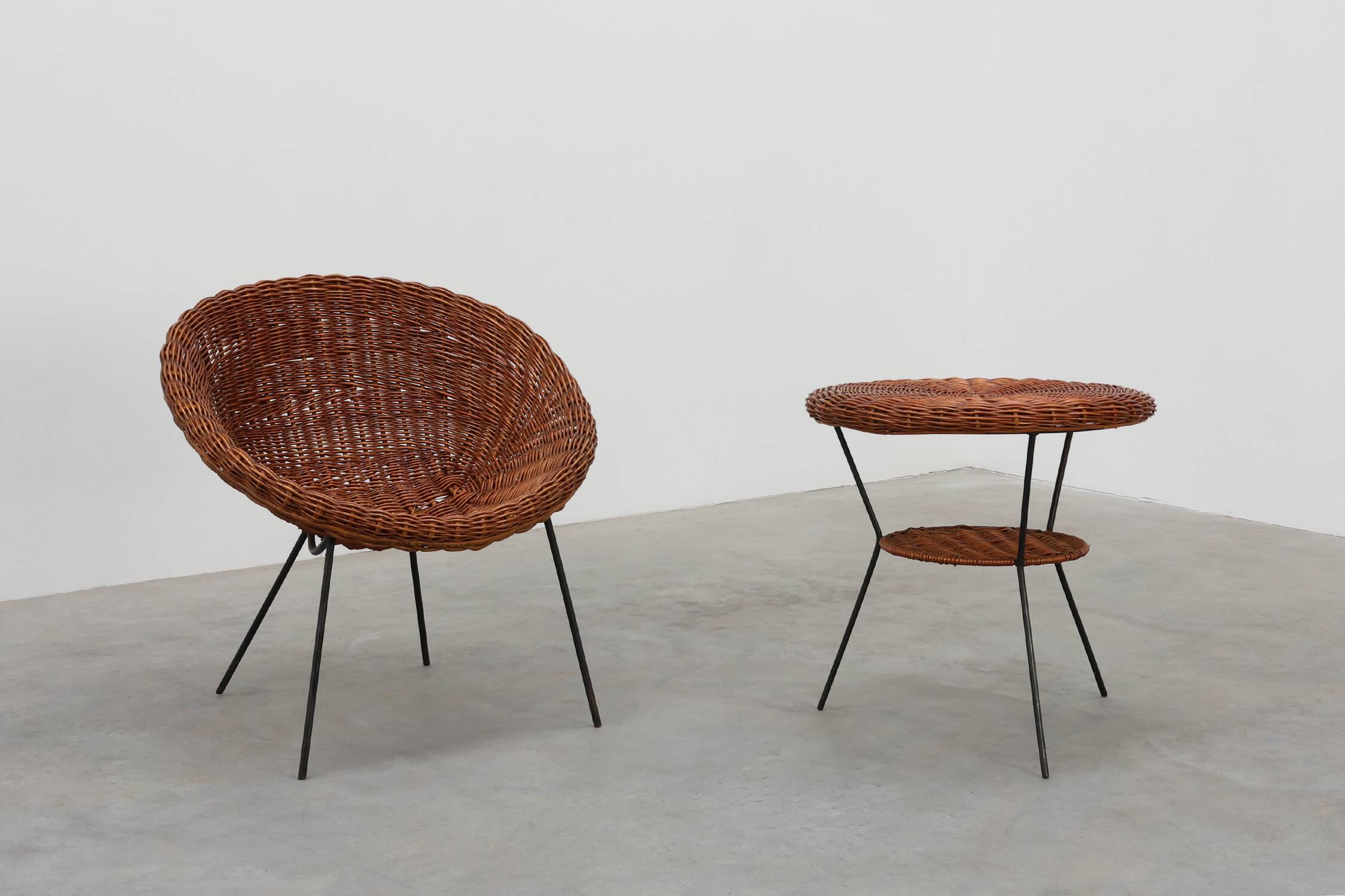Mid-Century Woven Rattan, Wicker and Iron 2-Tier Round Coffee Table, Italy