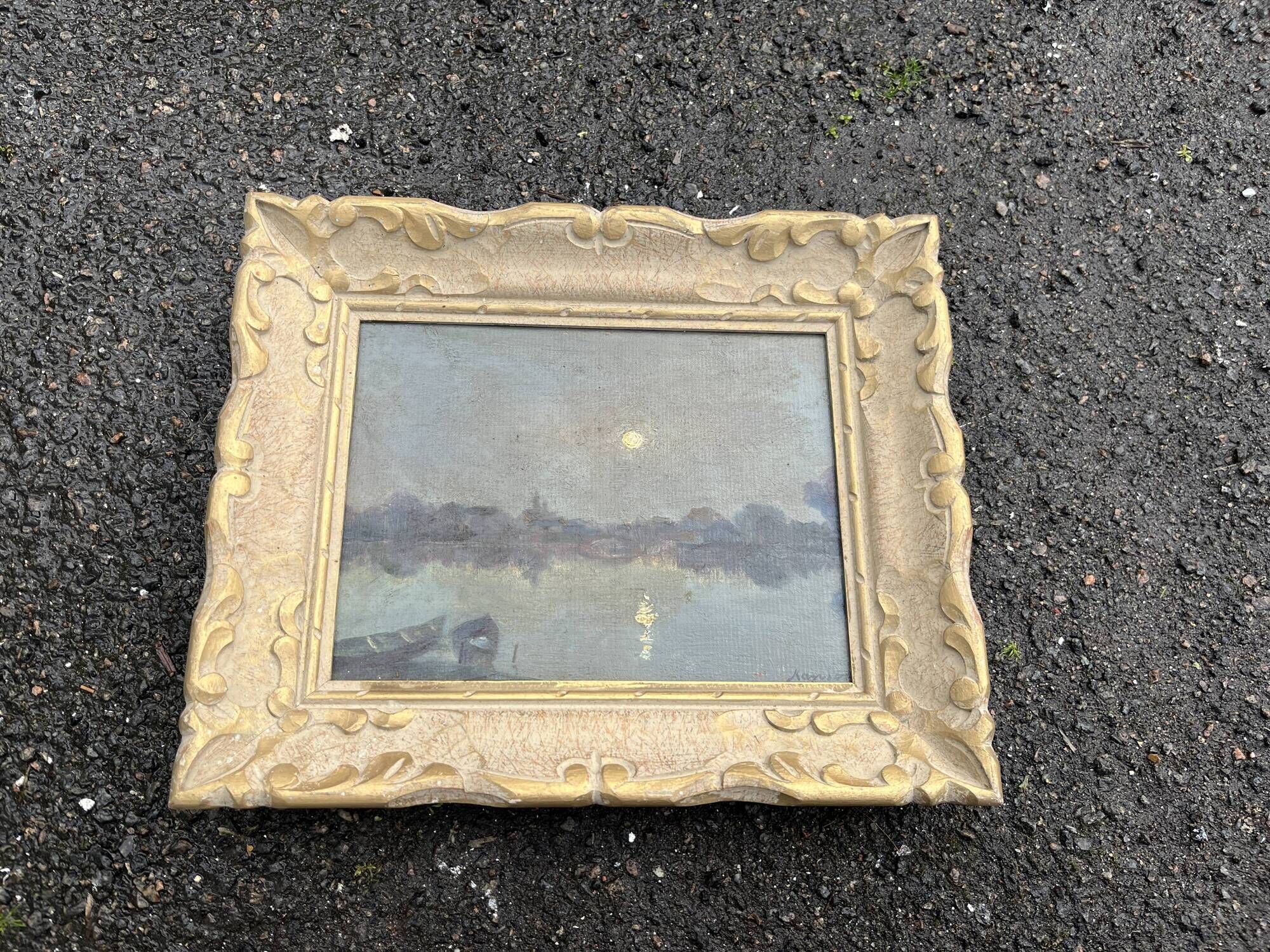 Antique Painting - Night Landscape by the Water and Golden Frame