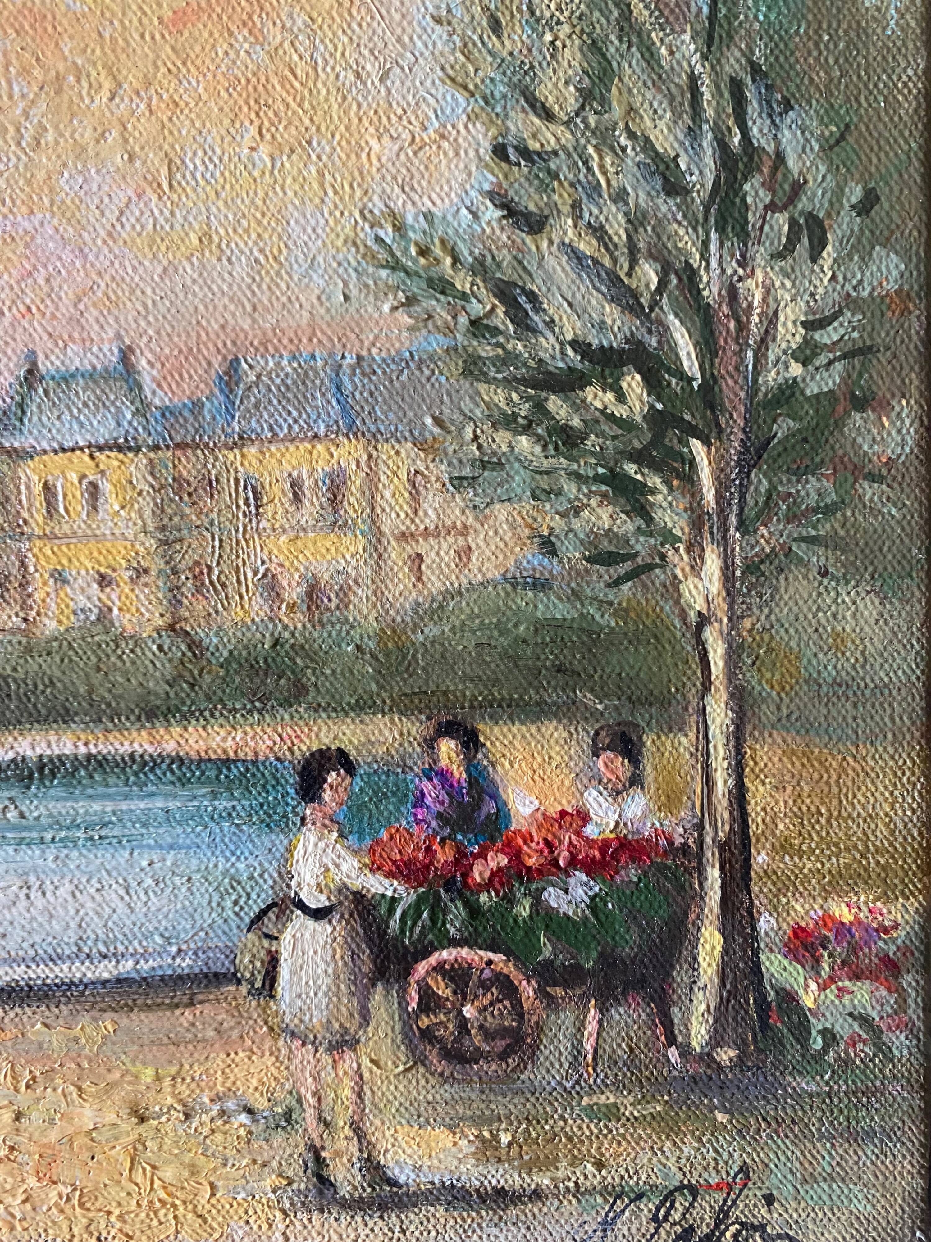 Painting "Jardin du Luxembourg, flower merchant" Michel Pabois born in 1939