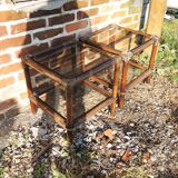 2 antique rattan & glass side tables