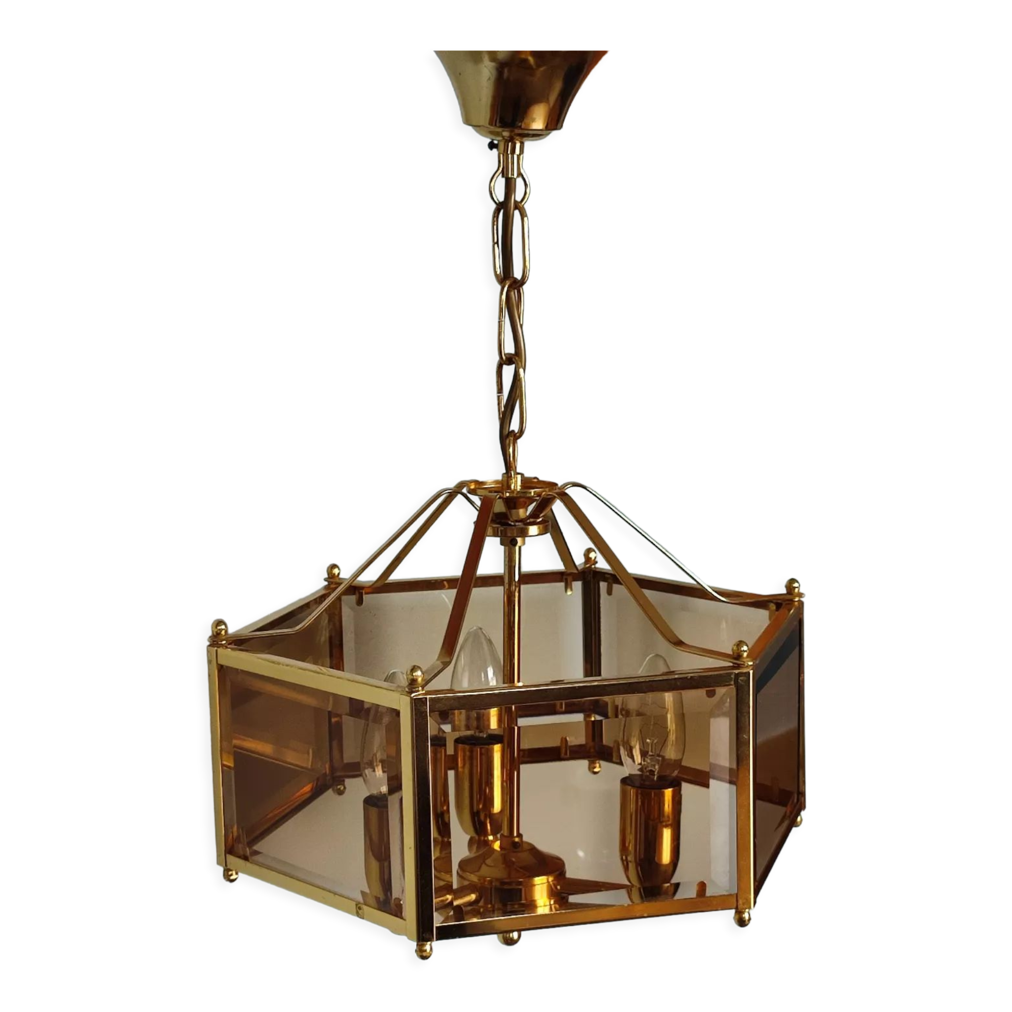 Brass pendant lamp and five-faceted vintage smoked glasses