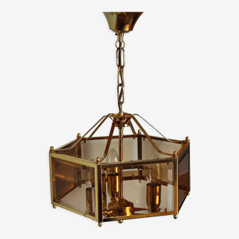 Brass pendant lamp and five-faceted vintage smoked glasses