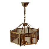 Brass pendant lamp and five-faceted vintage smoked glasses
