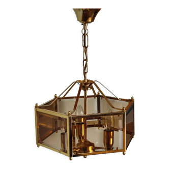 Brass pendant lamp and five-faceted vintage smoked glasses
