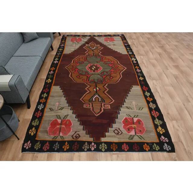 1970s Vintage Turkish Oushak Handmade Wool Cotton Brown Runner Rug  206x387