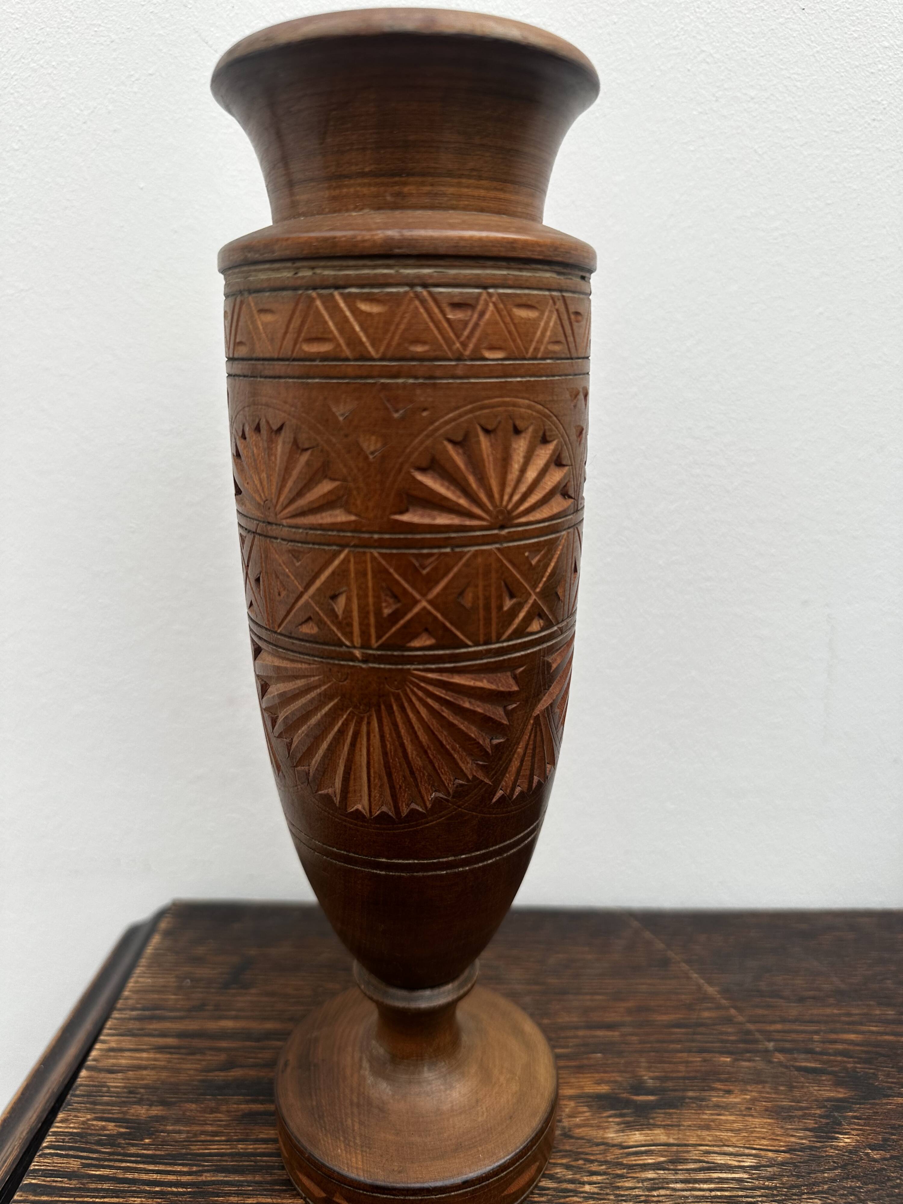 Turned and carved wooden vase, mid-20th century