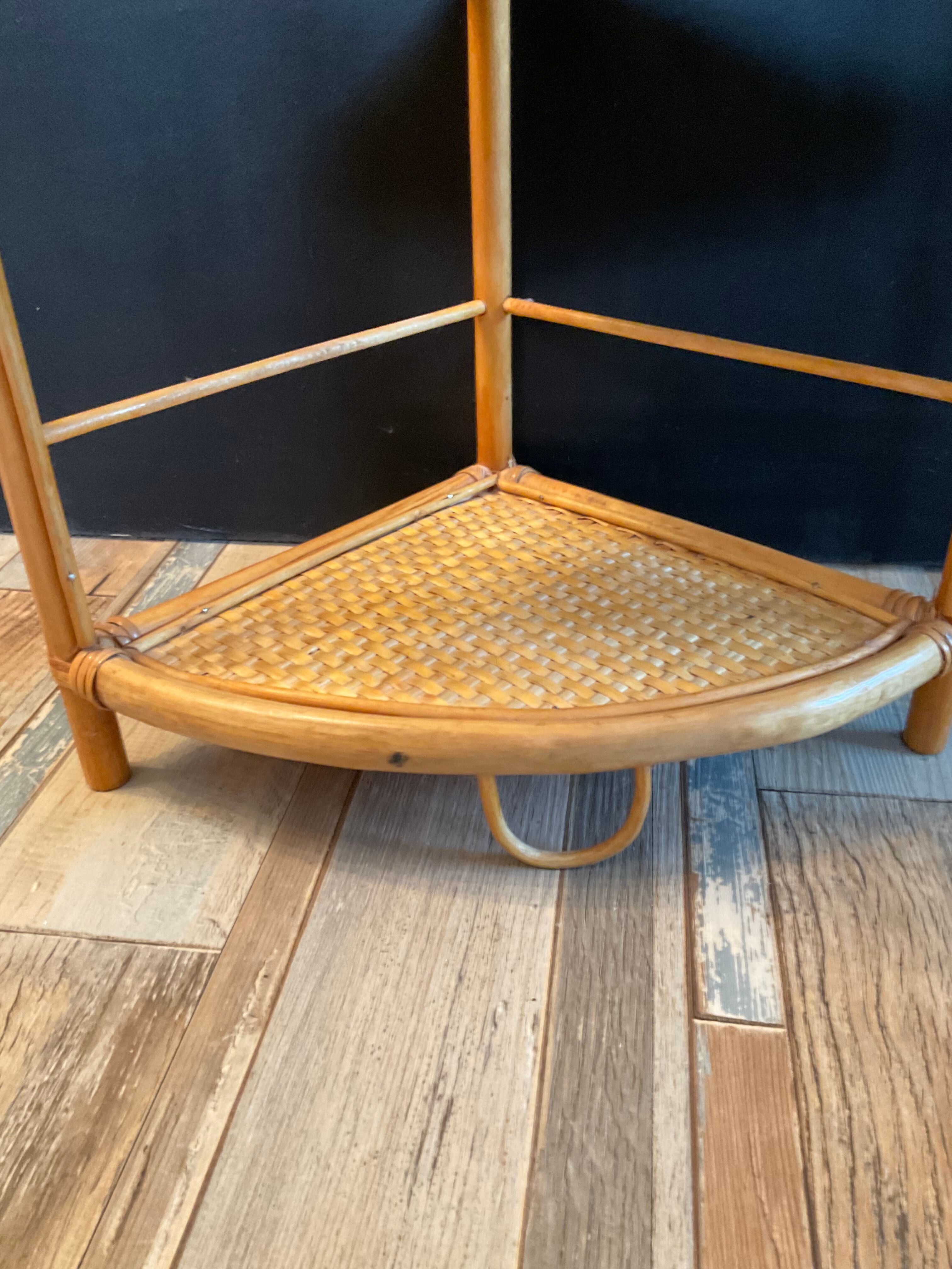 Vintage rattan and wicker corner shelf 70s