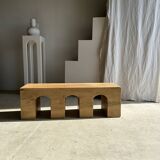Solid monoxyl wood bench with carved 3-arch base - Natural wood color