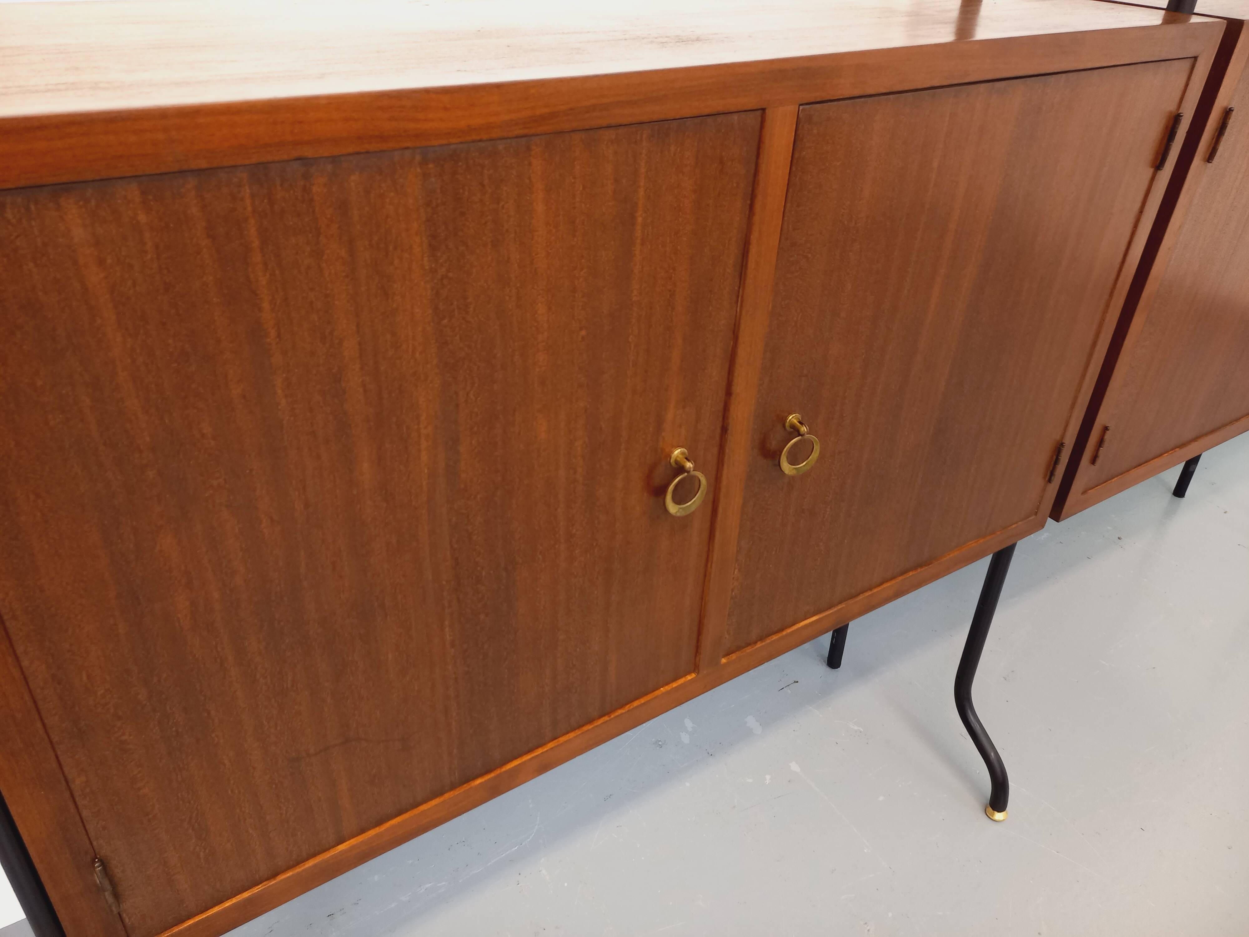 Vintage Italian double modular bookcase in wood and metal