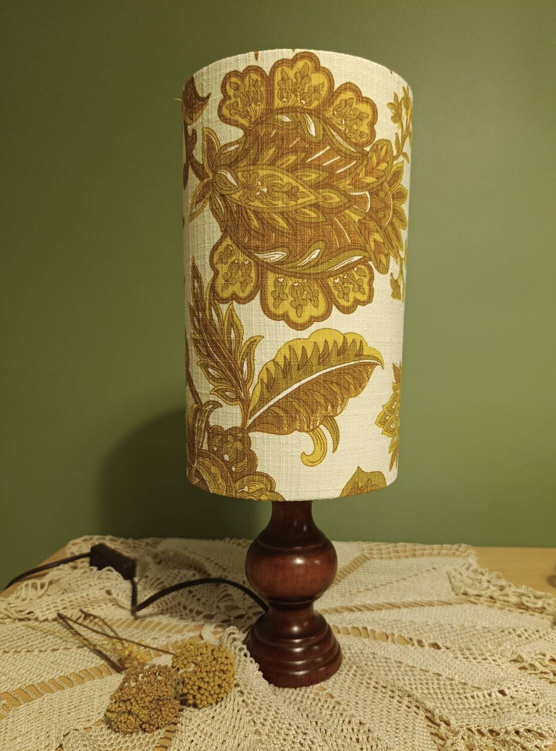 Turned wood lamp with authentic vintage lampshade and mustard flower decoration