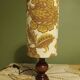 Turned wood lamp with authentic vintage lampshade and mustard flower decoration