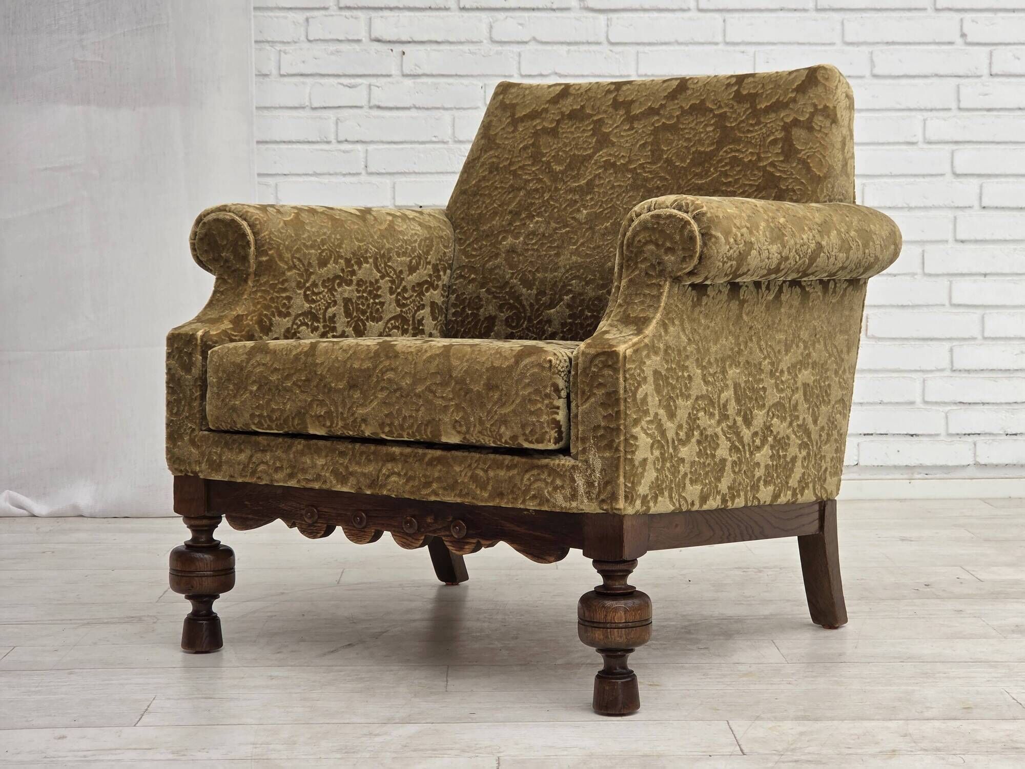 1960s, Danish armchair, furniture velour, carved oak wood.