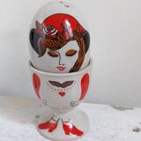 Egg cup, salt and pepper shaker duo