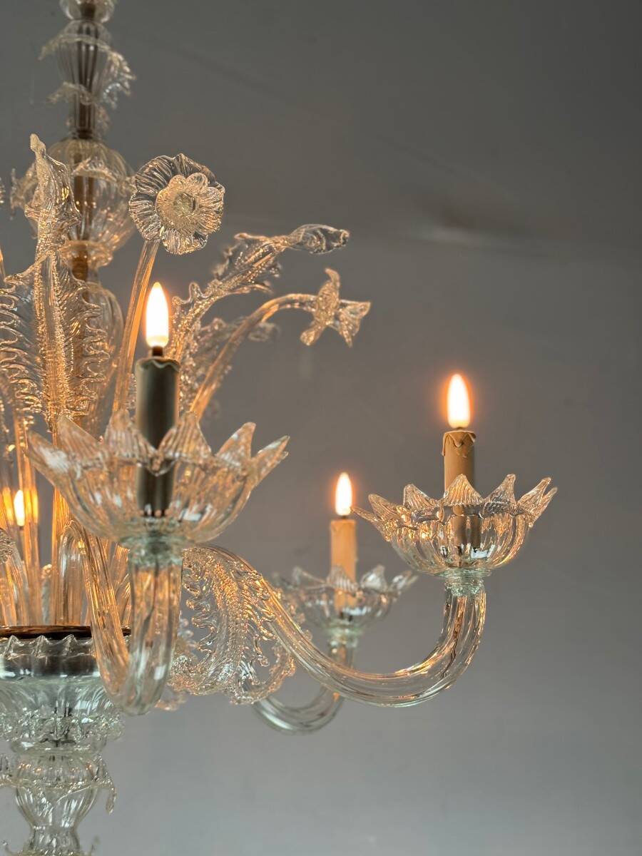 Venetian Chandelier in Colorless Murano Glass with 6 Lights, Circa 1930