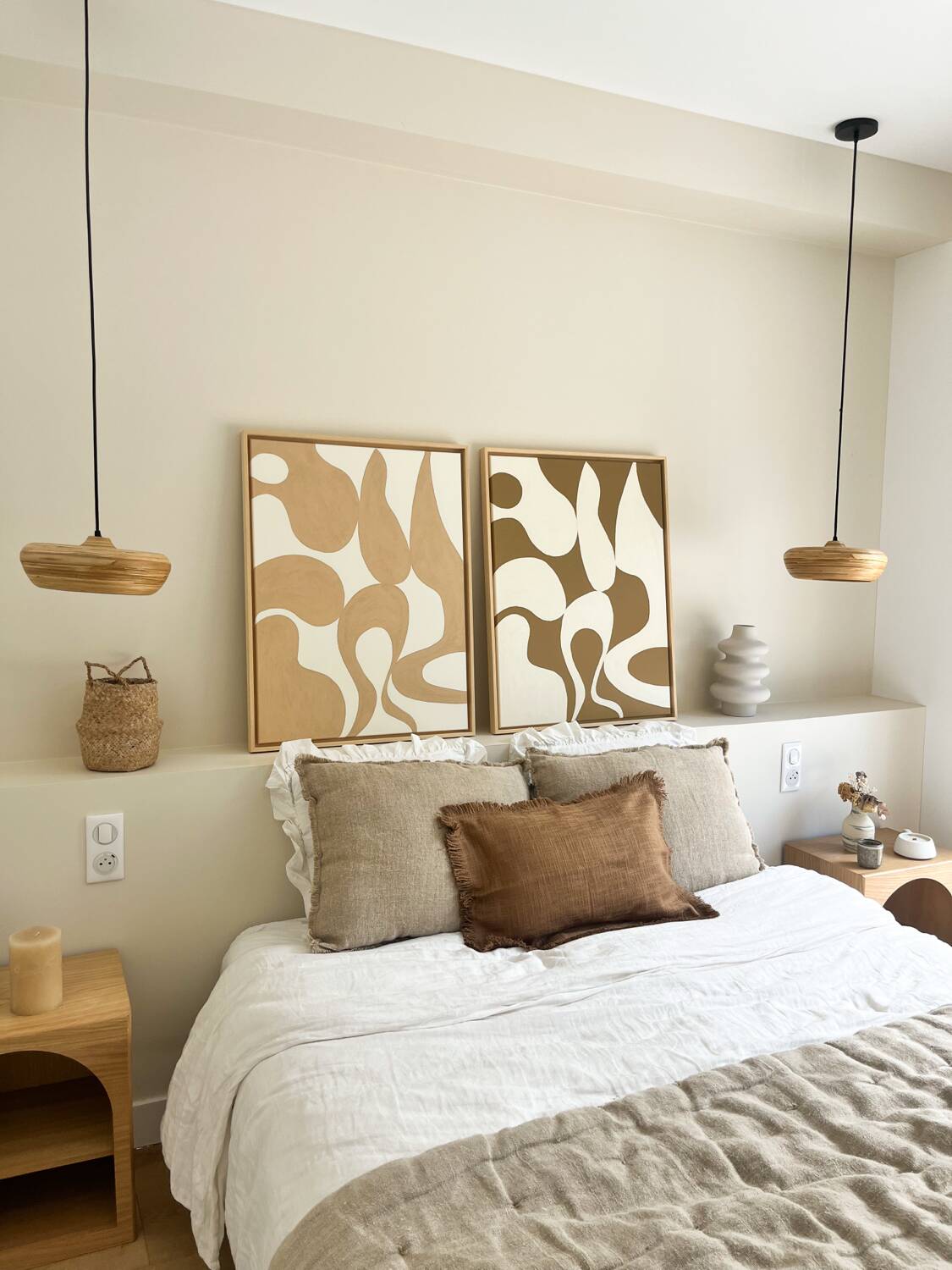 Tableaux diptyque organique beige marron, crème