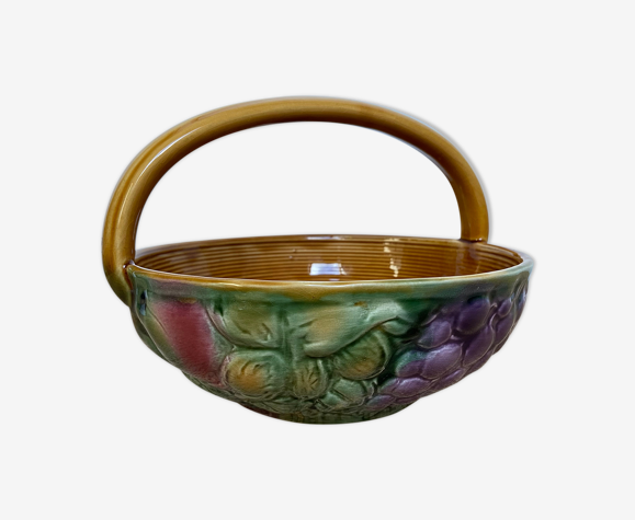 Coupe à fruits -forme panier-barbotine - décor fruits - sarreguemines - années 1970