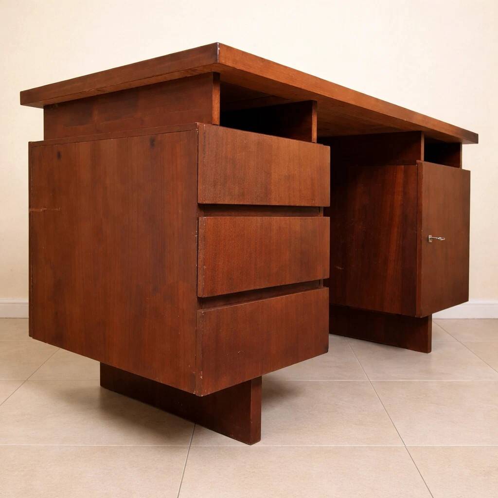 Bureau de centre a caissons, scandinave en teck, vers 1960-1970