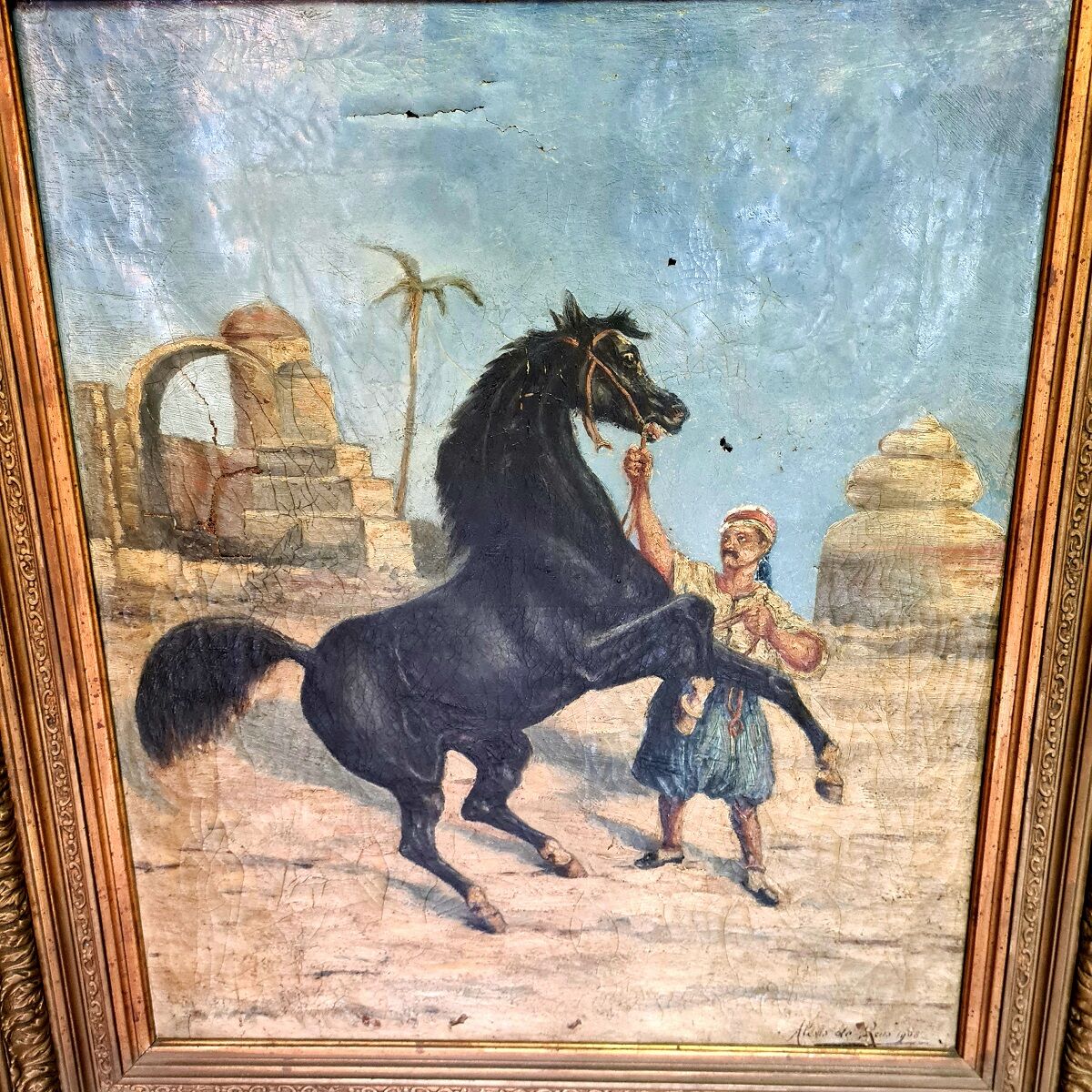 Peinture orientale d’un cheval avec une personne par Alexis de Reus 1908