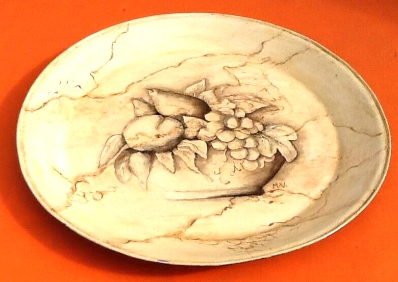 Painted sheet metal serving tray Fruit basket decor on beige background with marbled effect