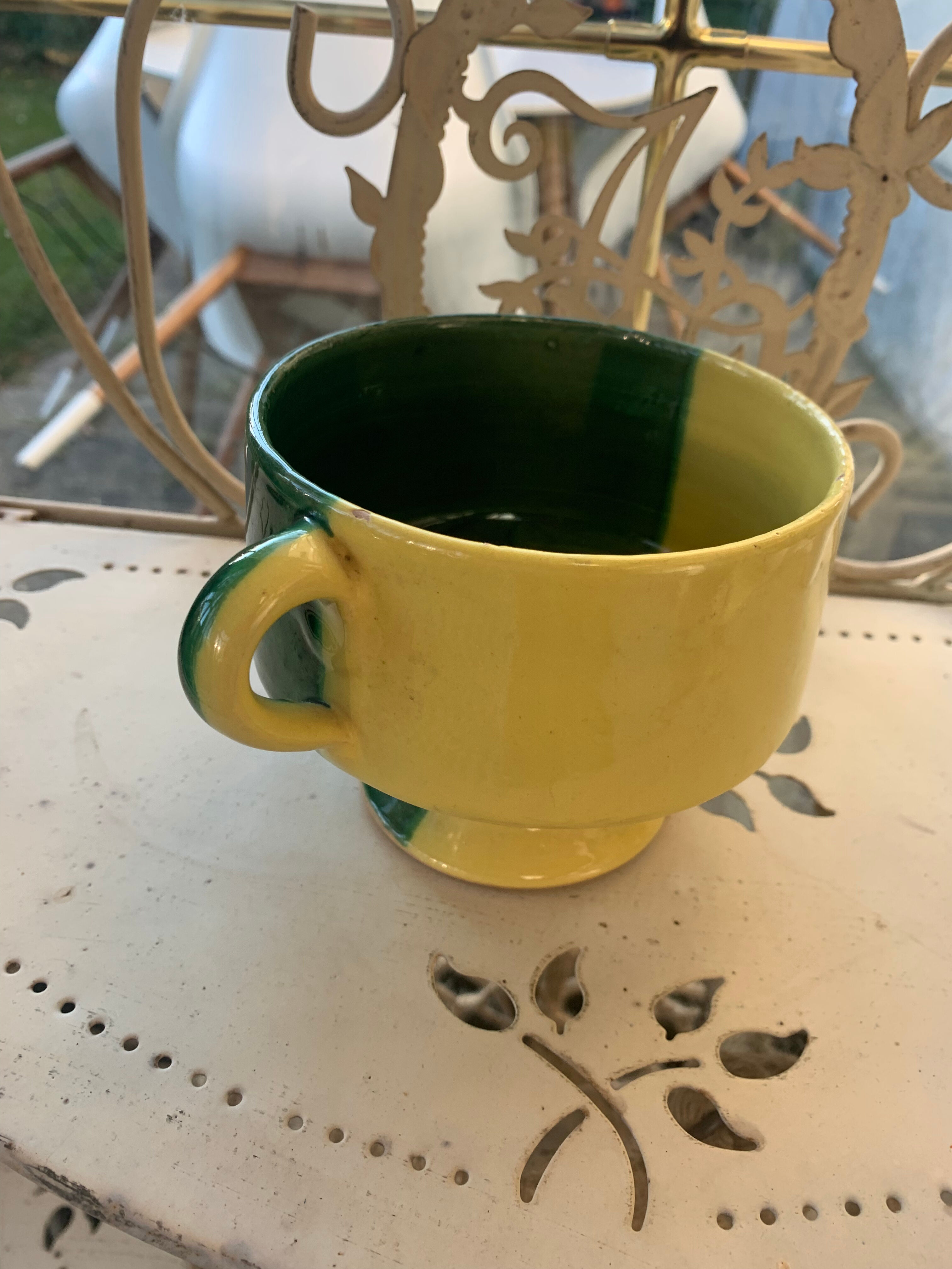 Large bowl in vintage green and yellow enamelled ceramic