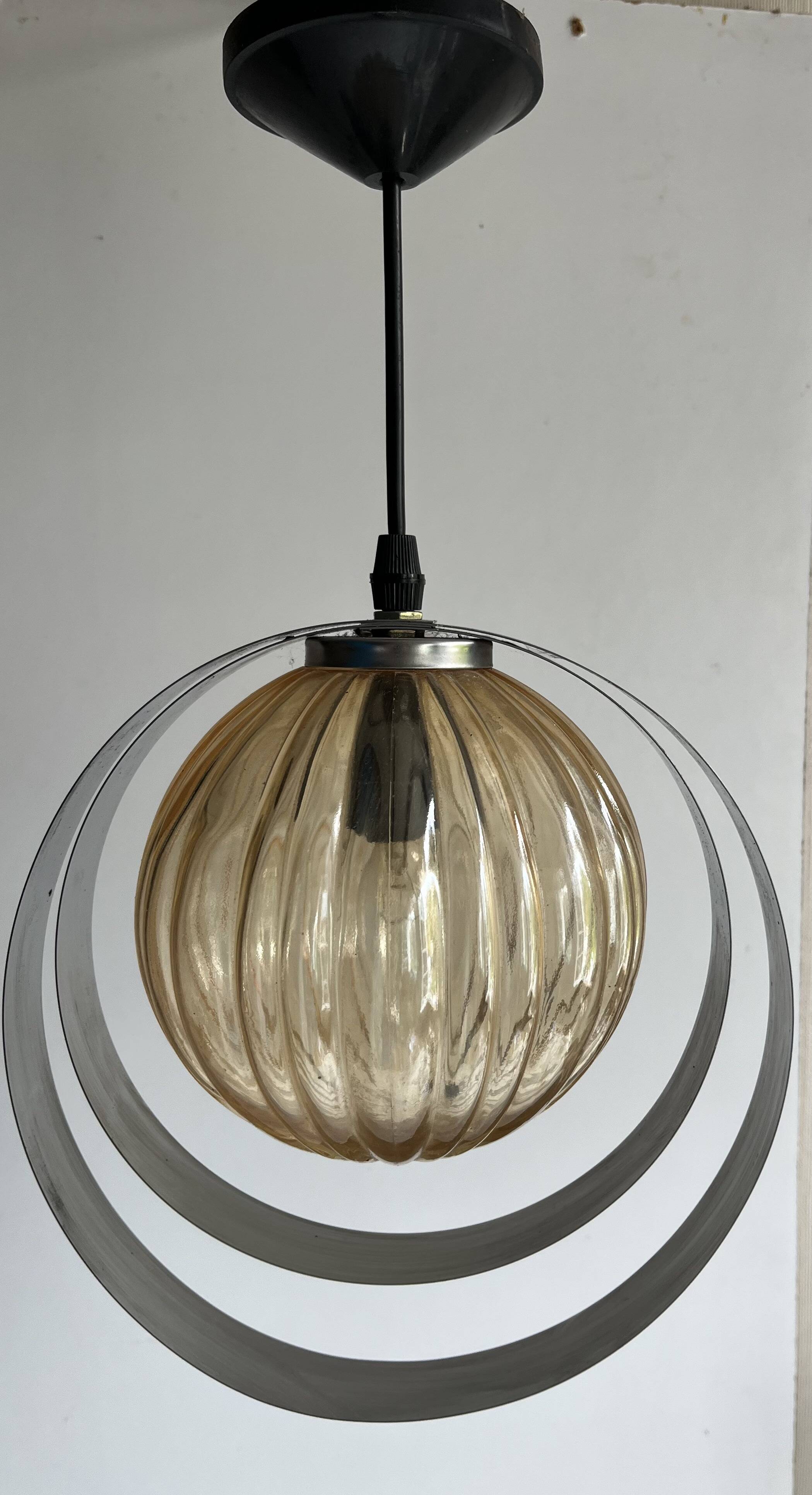 Space Age Chrome Rings Amber Globe Pendant Light