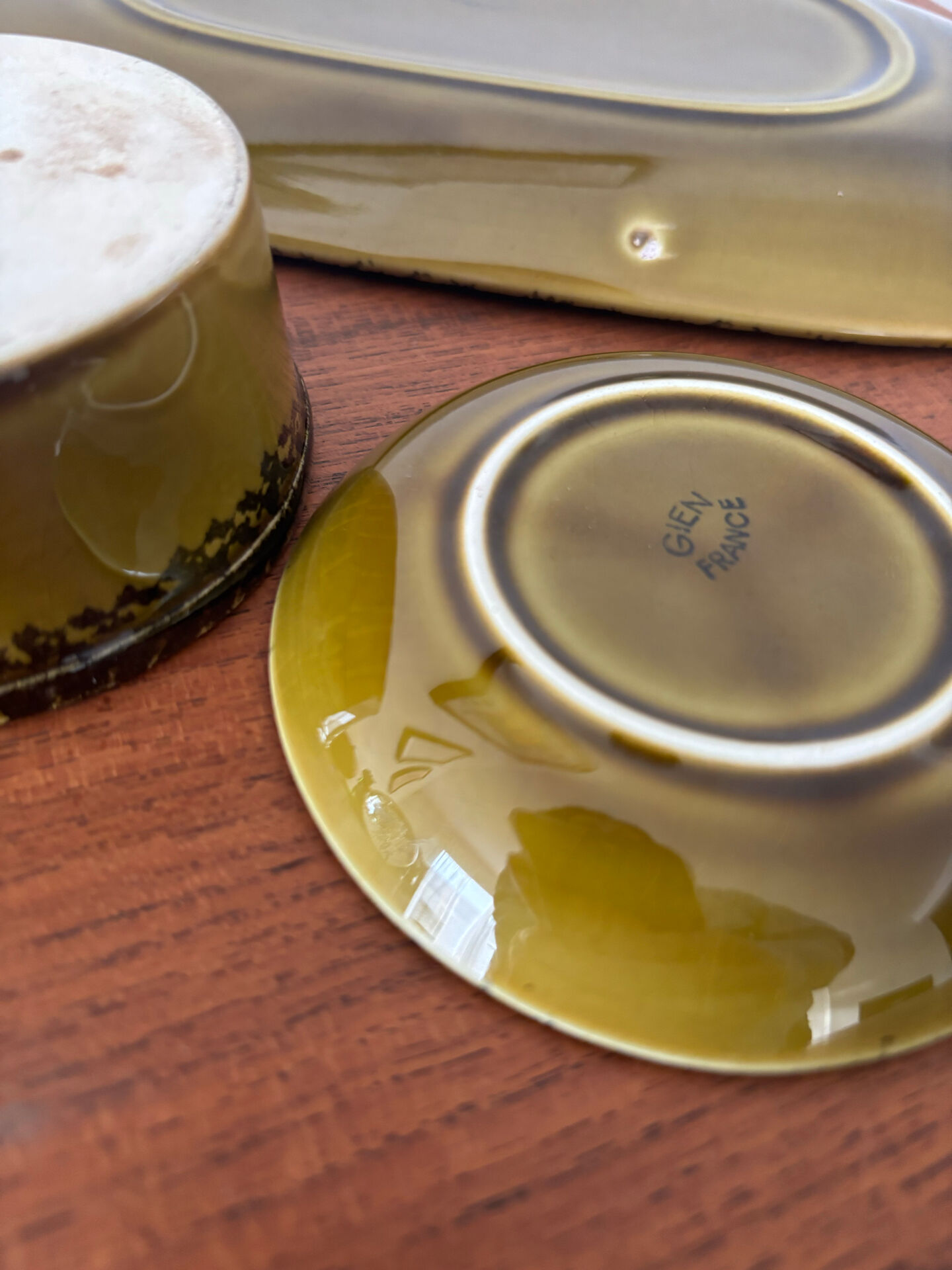 Vintage ceramic set Gien khaki serving dish and 2 ramekins.