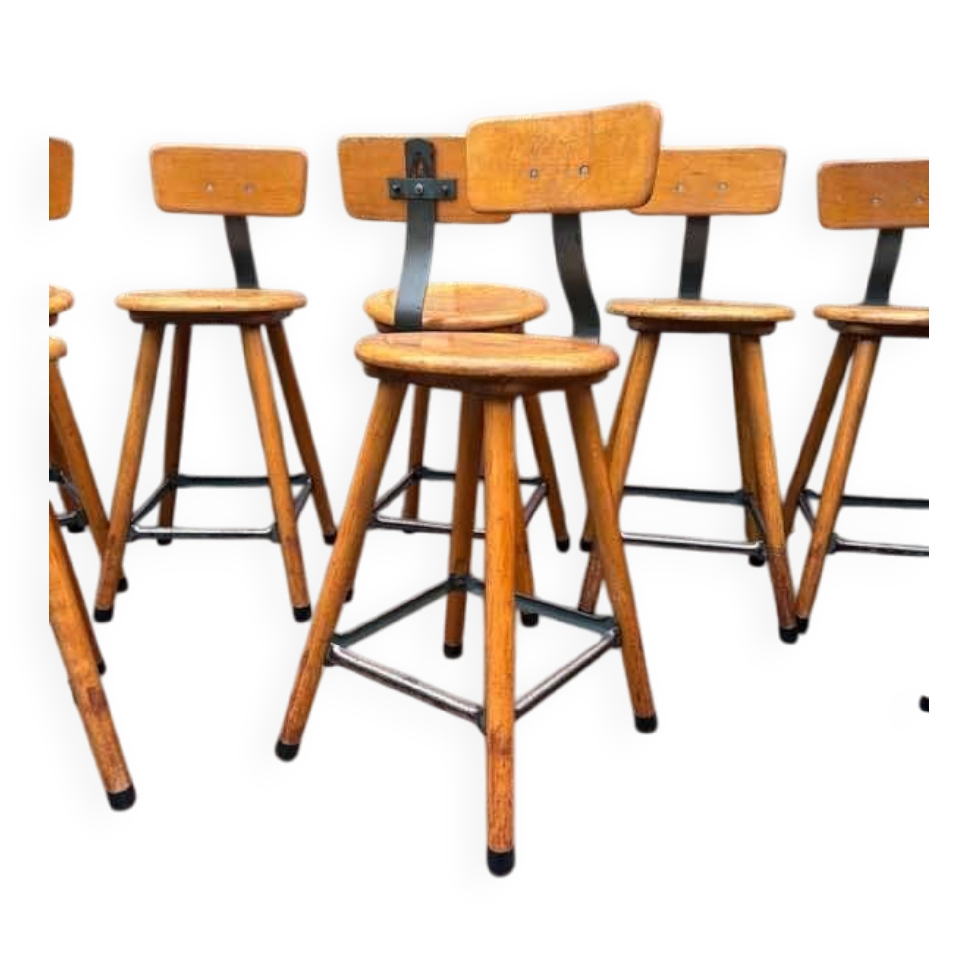 Vintage industrial workshop stool in wood, 1950s