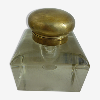 Old and imposing thick glass desk inkwell, gold brass lid