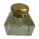 Old and imposing thick glass desk inkwell, gold brass lid