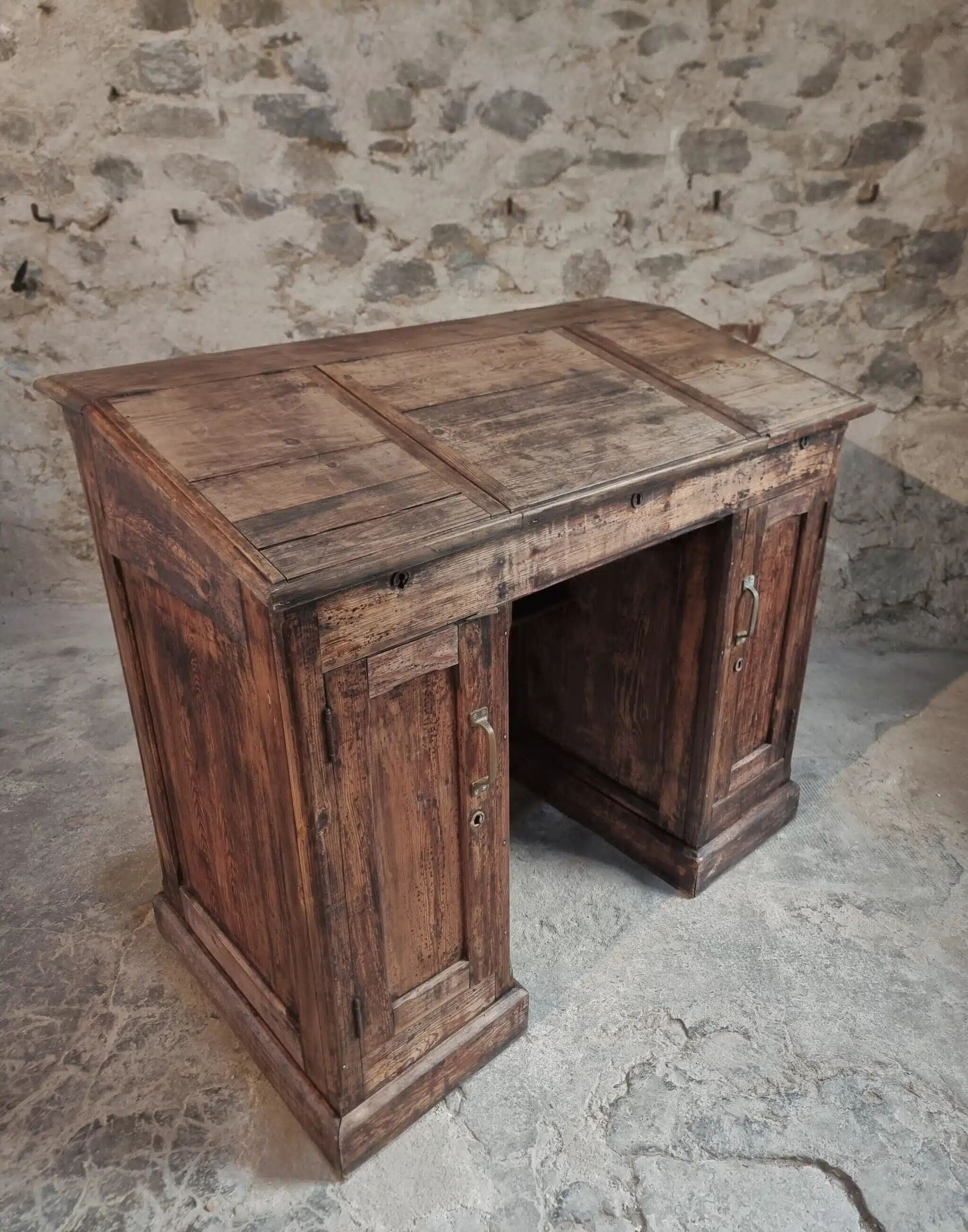Antique French pine desk – 1880, bar/counter unit with drop-leaf compartments – 65×120×106 cm