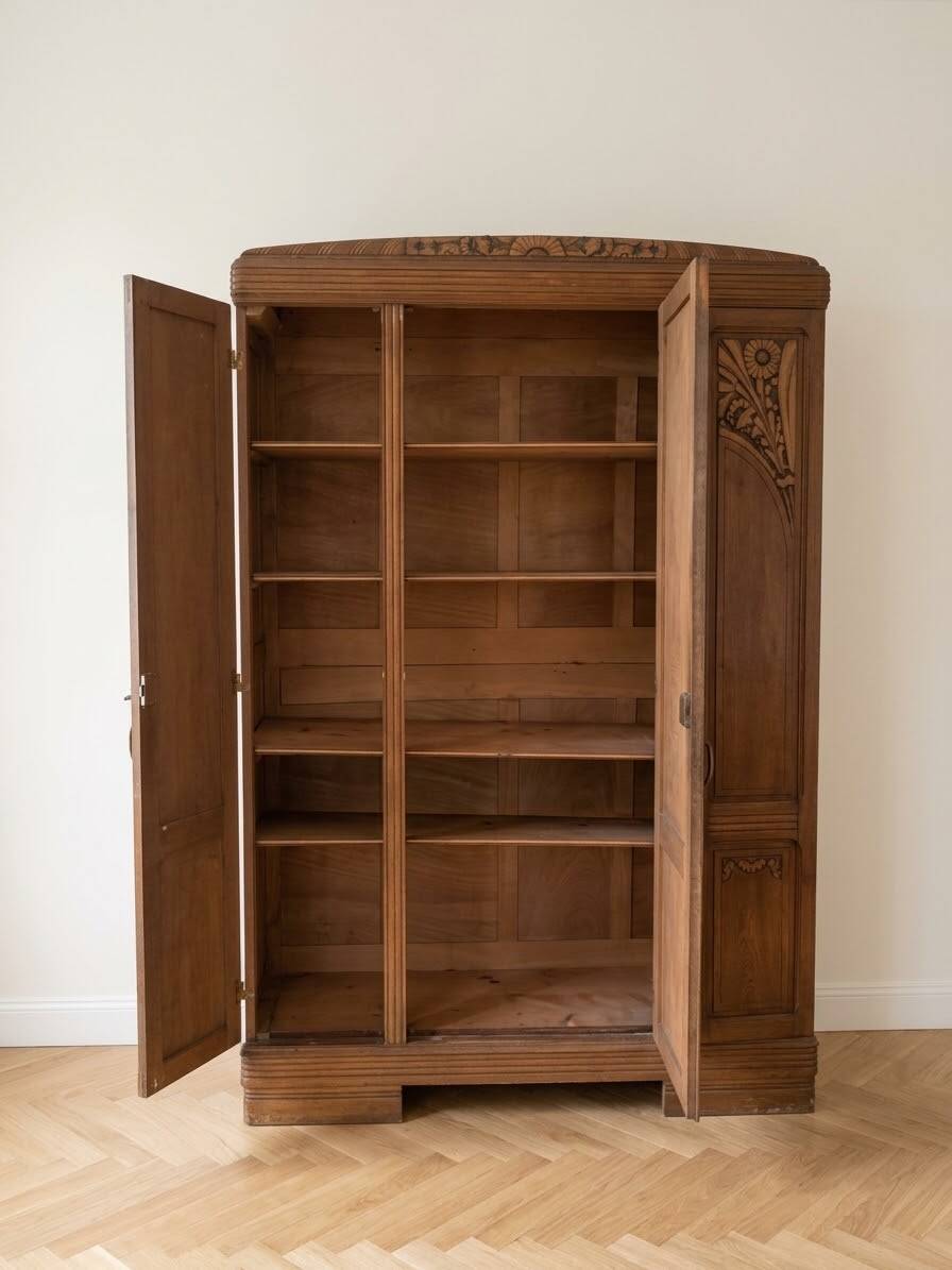 Antique 3-door Art Deco wardrobe in wood with mirror